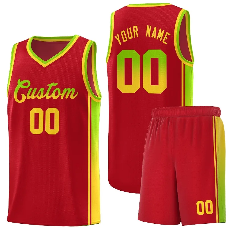 Basketball Jerseys with Quick-Dry Technology for Hot Weather Play-Custom Red Neon Green-Gold Gradient Fashion Sports Uniform Basketball Jersey