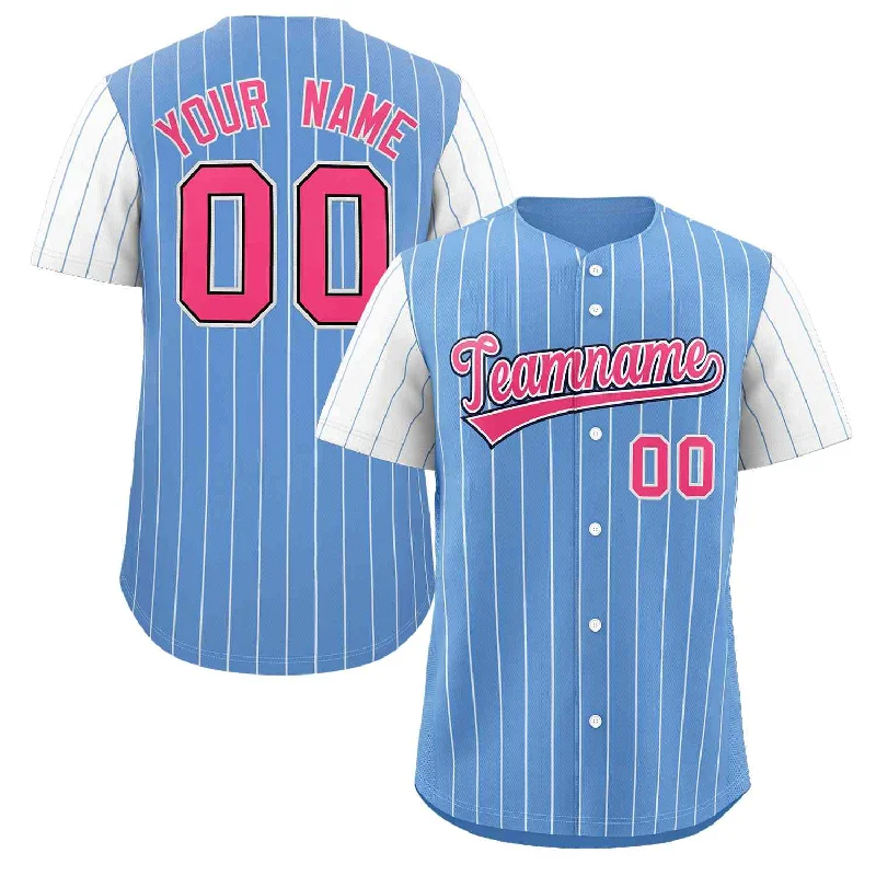 Baseball Jerseys with Ribbed Collar for Secure Fit-Custom Light Blue Pink-White Stripe Fashion Raglan Sleeves Authentic Baseball Jersey