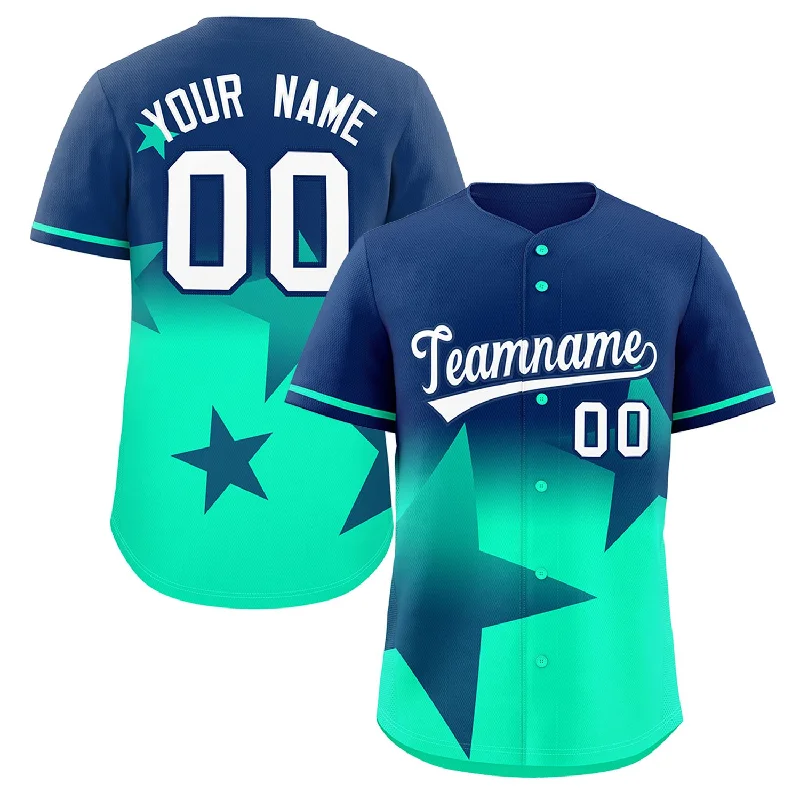 Baseball Jerseys with Soft Lining for Comfort During Play-Custom Navy Lt Green Gradient Star Graffiti Pattern Authentic Baseball Jersey