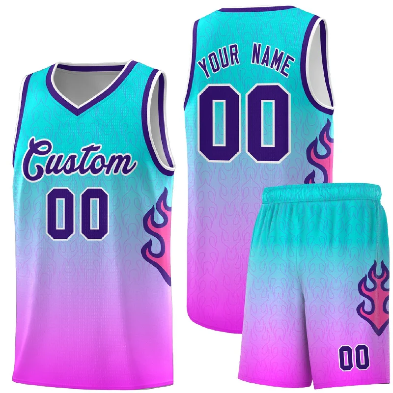 Basketball Jerseys with Unique Graphic Prints for Personal Style-Custom Aqua Pink-Purple Flame Gradient Fashion Sports Uniform Basketball Jersey