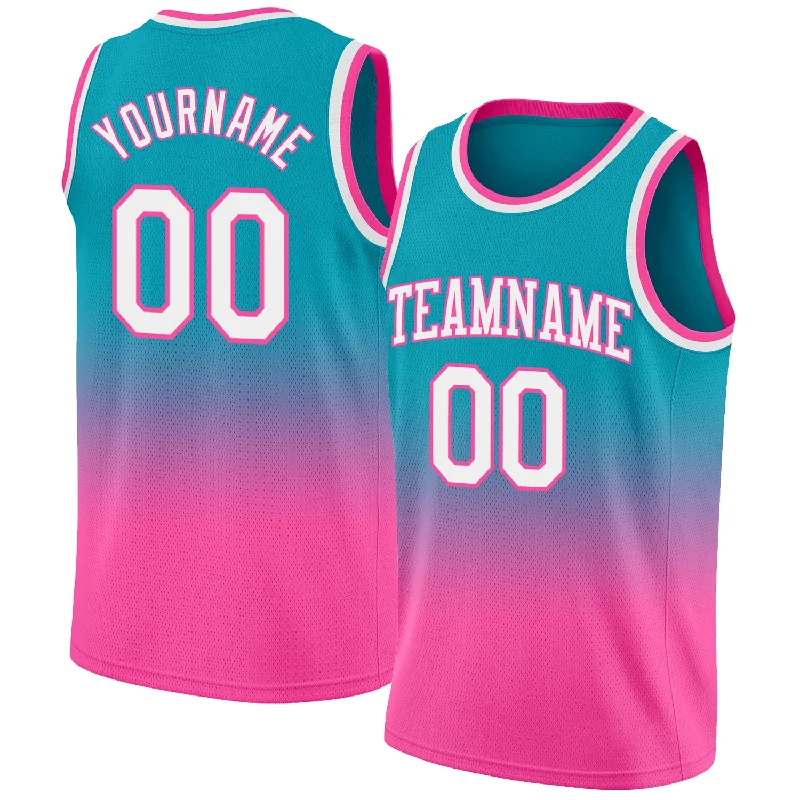 Basketball Jerseys with Side Panels for Stylish Look-Custom Teal White-Pink Authentic Fade Fashion Basketball Jersey