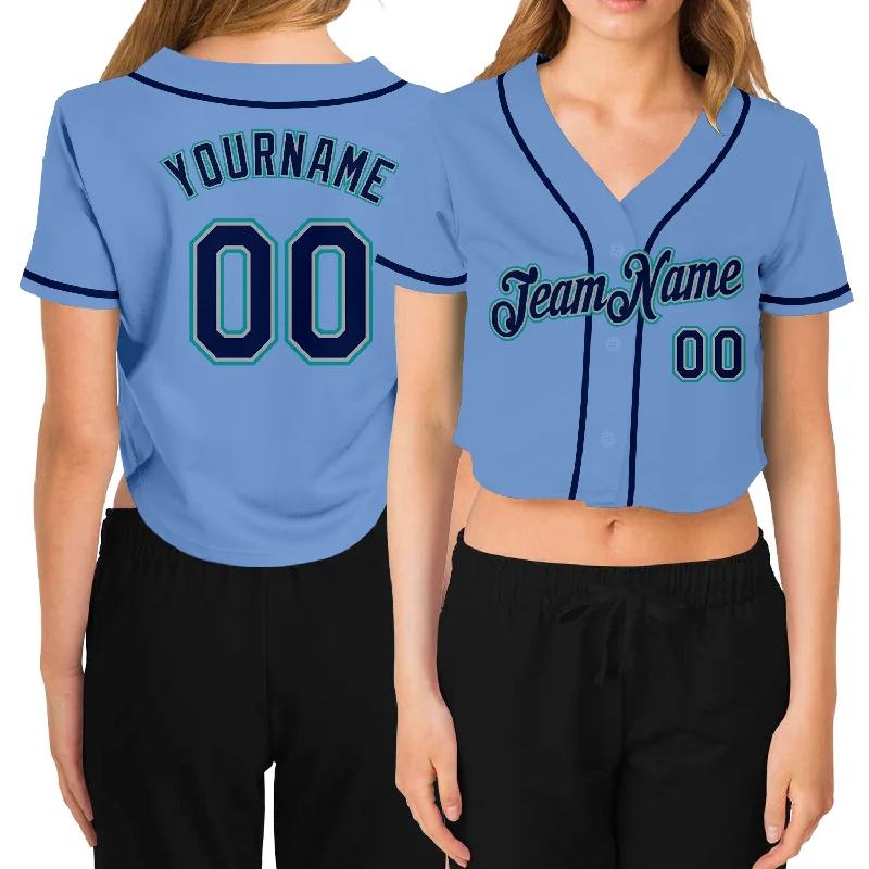 Baseball Jerseys with Tapered Sleeves for Stylish Fit-Custom Women's Light Blue Navy Gray-Aqua V-Neck Cropped Baseball Jersey