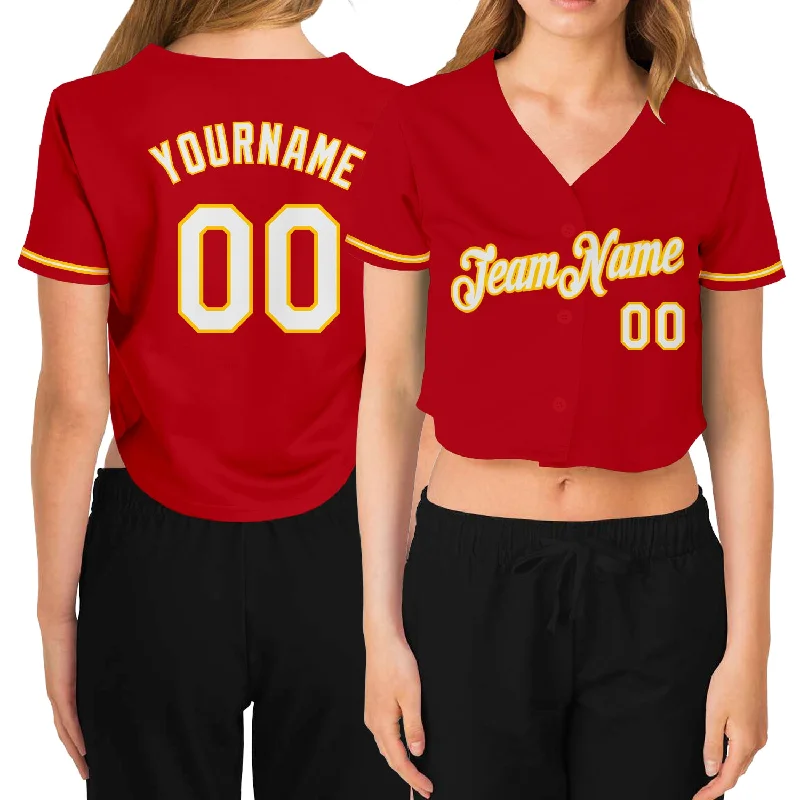 Baseball Jerseys with Anti-Odor Technology for Comfort-Custom Women's Red White-Gold V-Neck Cropped Baseball Jersey