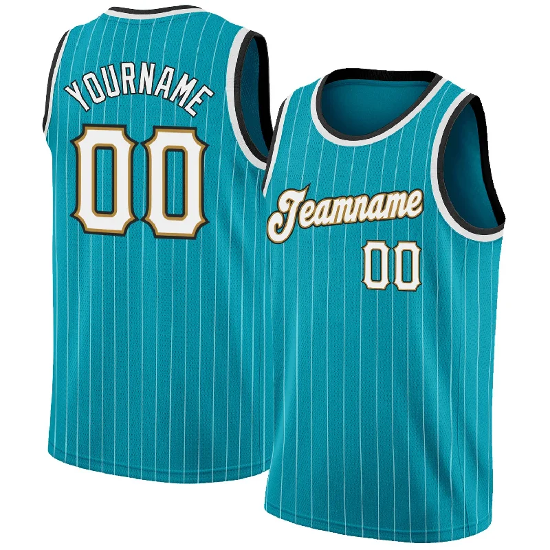 Basketball Jerseys with Lightweight Nylon Fabric for Ultimate Comfort-Custom Teal White Pinstripe White-Old Gold Authentic Basketball Jersey