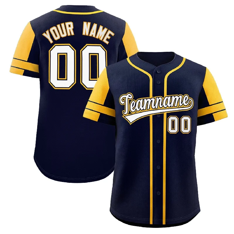 Baseball Jerseys with Zip-Up Design for Easy Wear-Custom Navy Gold Personalized Raglan Sleeves Authentic Baseball Jersey