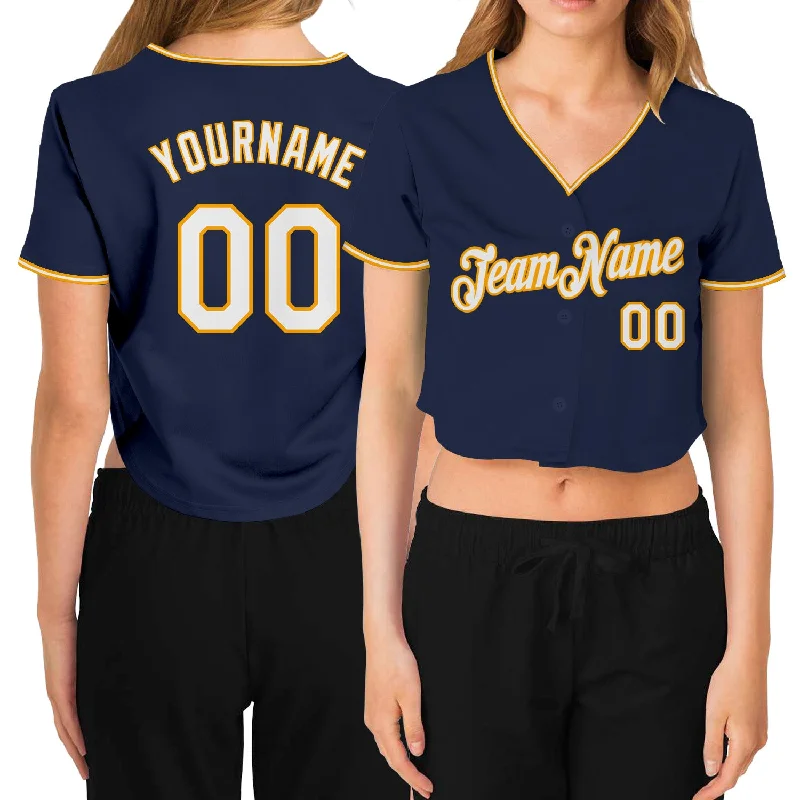 Baseball Jerseys with Extra Breathability for Hot Weather Play-Custom Women's Navy White-Gold V-Neck Cropped Baseball Jersey