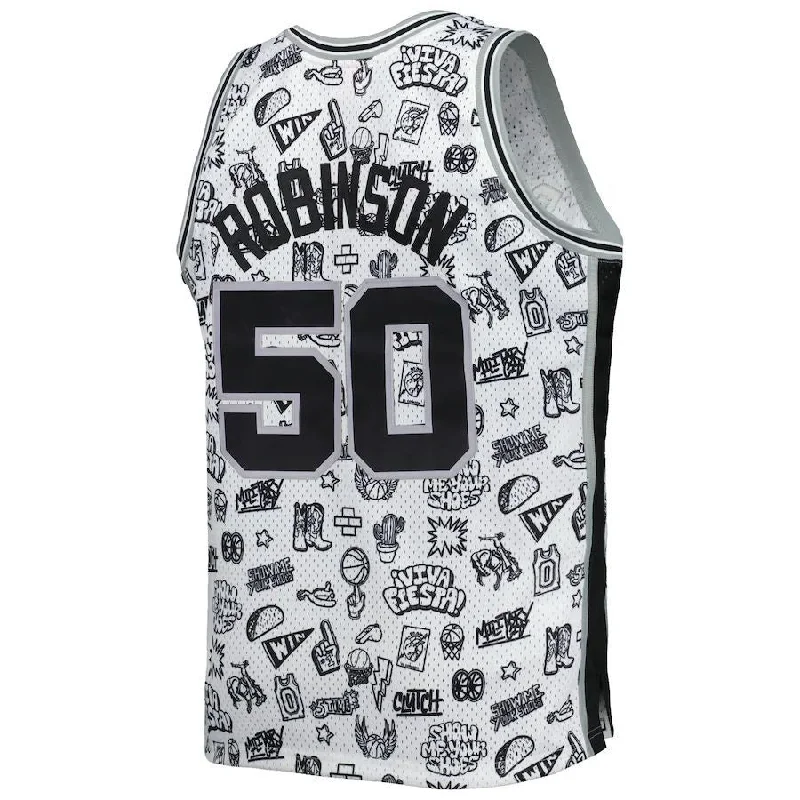 Basketball Jerseys with Mesh Back for Extra Cooling-S.Antonio Spurs #50 David Robinson Mitchell & Ness 1998-99 Hardwood Classics Doodle Swingman Player Jersey White Stitched American Basketball Jersey