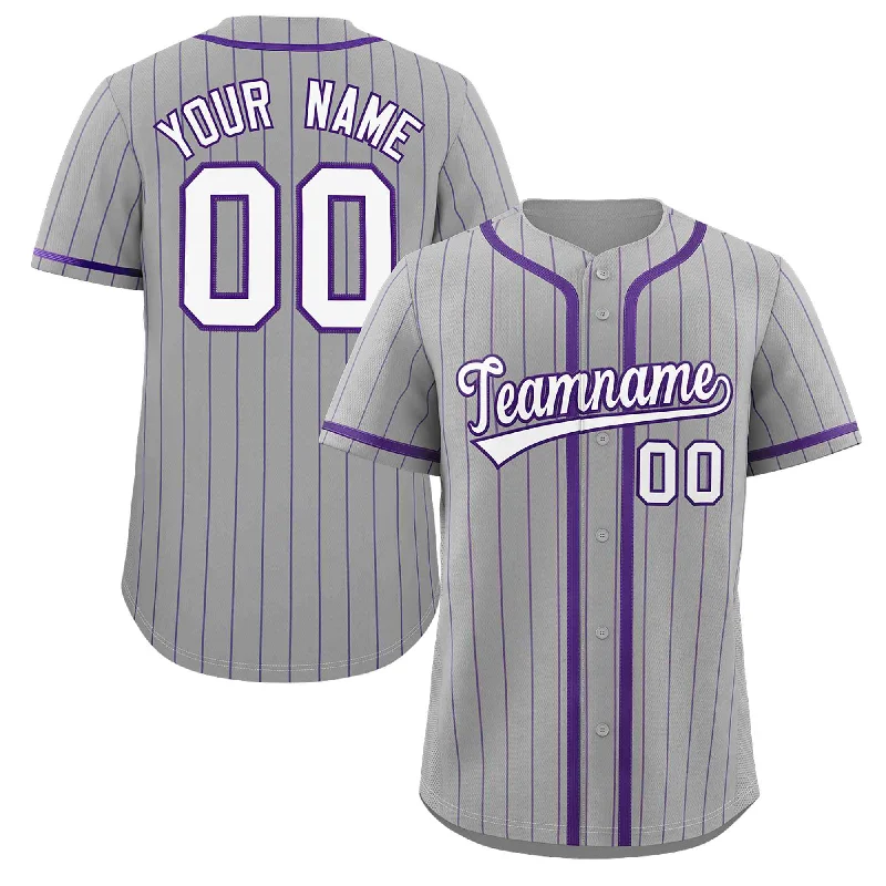 Baseball Jerseys with Customizable Sleeve Length for Different Looks-Custom Light Gray White-Purple Stripe Fashion Design Full Button Authentic Baseball Jersey