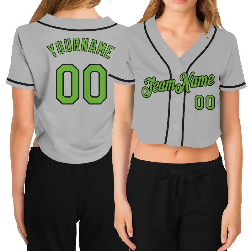 Baseball Jerseys with Reinforced Stitching for Durability-Custom Women's Gray Neon Green-Black V-Neck Cropped Baseball Jersey