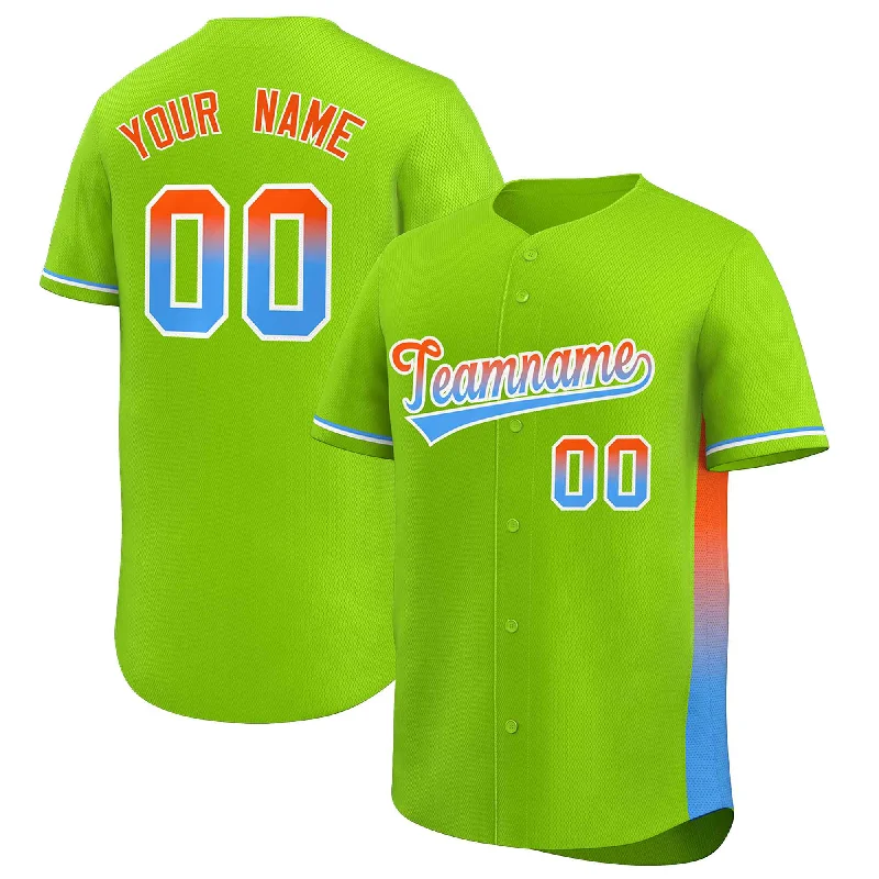 Baseball Jerseys with Double-Stitched Seams for Durability-Custom Neon Green Orange-Powder Blue Personalized Gradient Font And Side Design Authentic Baseball Jersey