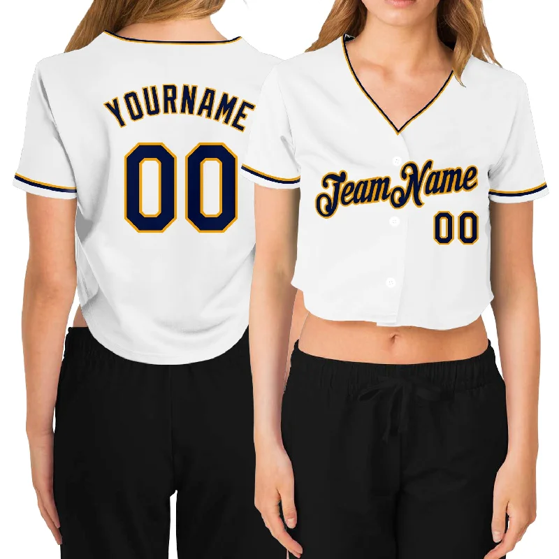 Baseball Jerseys with Full Button Front for Classic Look-Custom Women's White Navy-Gold V-Neck Cropped Baseball Jersey