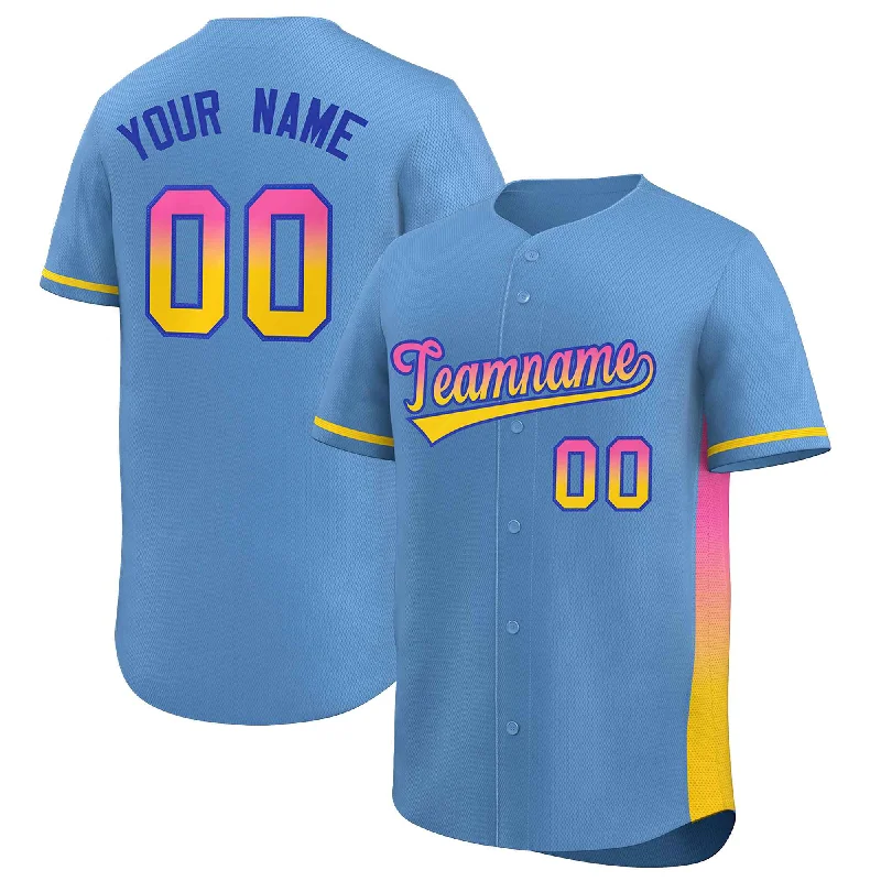 Youth Baseball Jerseys with Elastic Sleeves for Secure Fit-Custom Light Blue Pink-Gold Personalized Gradient Font And Side Design Authentic Baseball Jersey