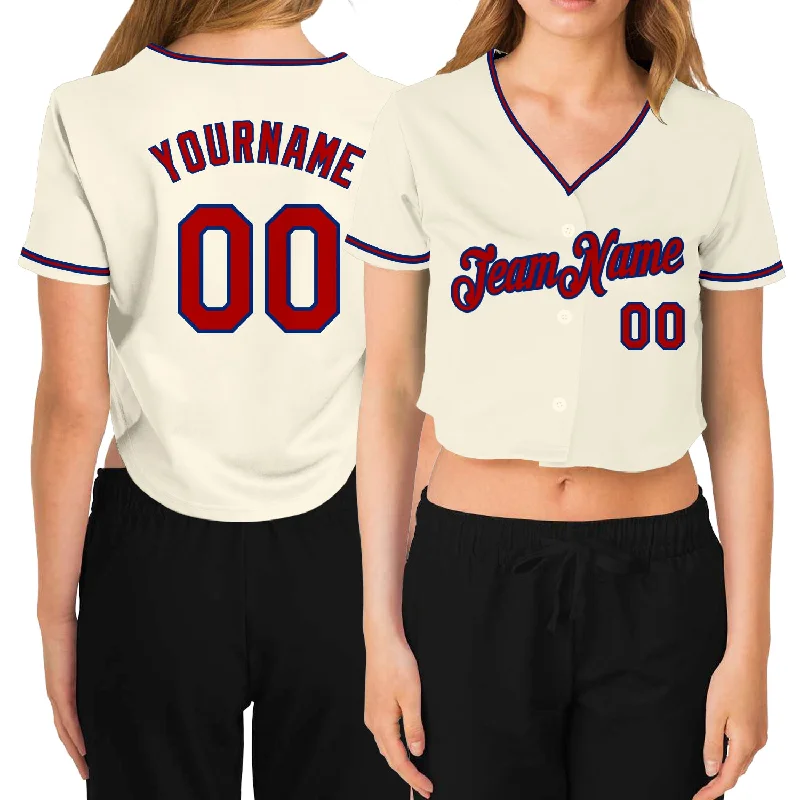 Baseball Jerseys with Tight-Fit Sleeves for Streamlined Look-Custom Women's Cream Red-Royal V-Neck Cropped Baseball Jersey