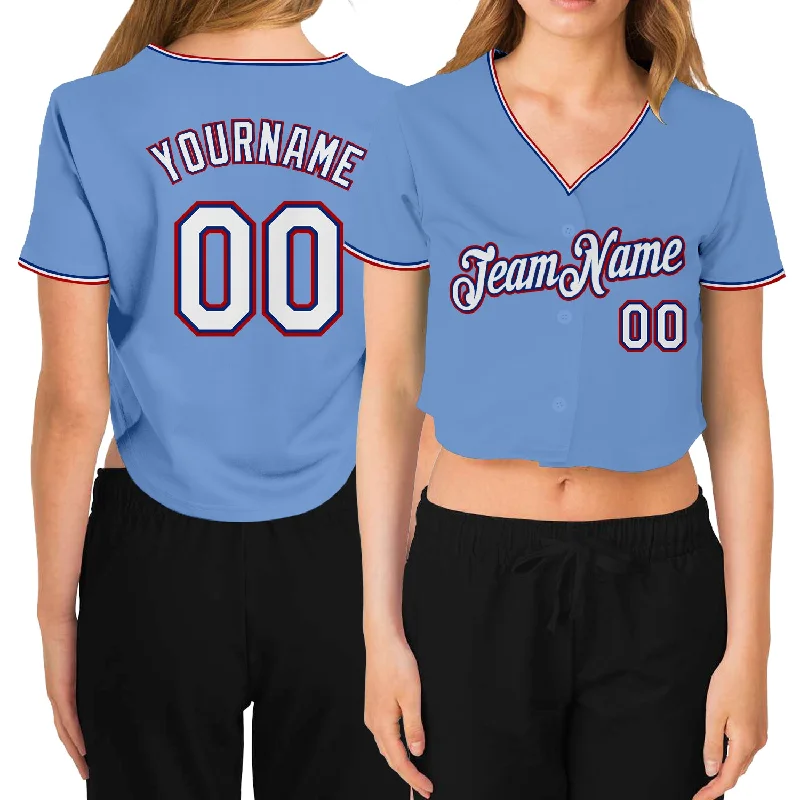 Baseball Jerseys with Extra Padding for Protection-Custom Women's Light Blue White Royal-Red V-Neck Cropped Baseball Jersey