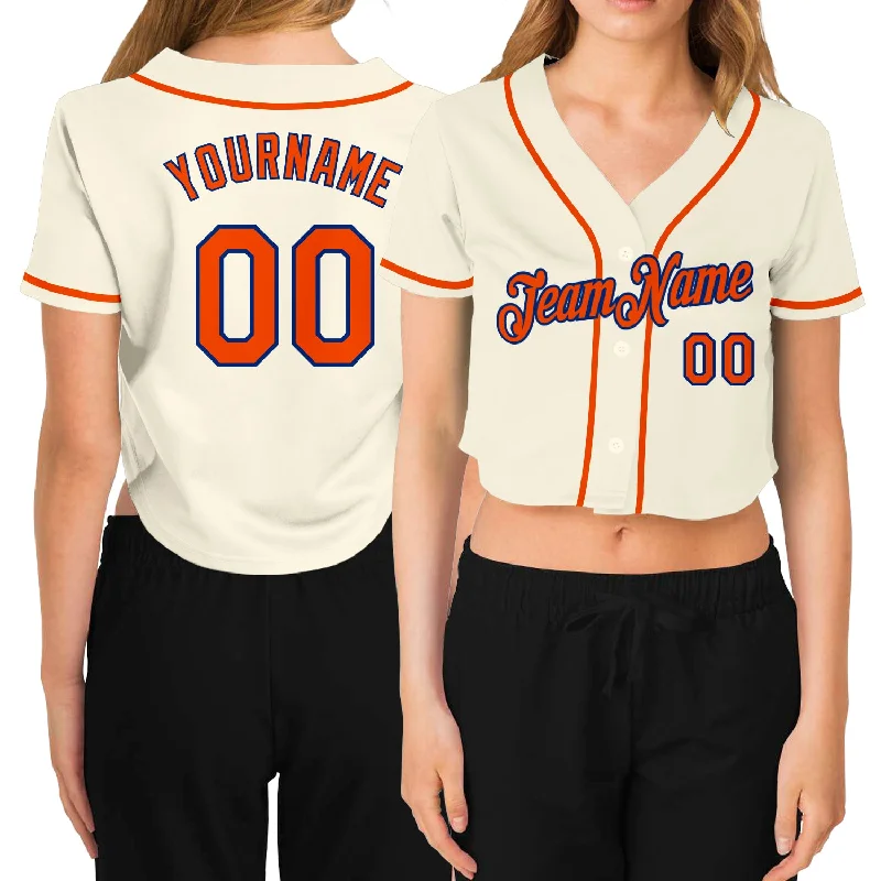 Custom Baseball Jerseys for Teams-Custom Women's Cream Orange-Royal V-Neck Cropped Baseball Jersey