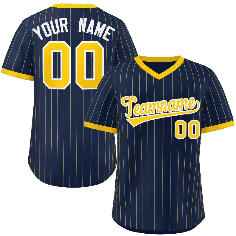 Baseball Jerseys with Elastic Cuffs for Snug Fit-Custom Navy Gold Stripe Fashion Authentic Pullover Baseball Jersey