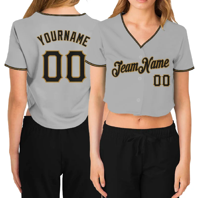 Baseball Jerseys with Soft Polyester Blend for Lightweight Feel-Custom Women's Gray Black-Old Gold V-Neck Cropped Baseball Jersey