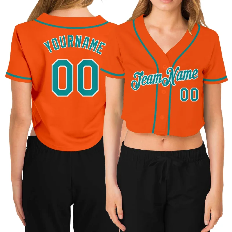 Baseball Jerseys with Anti-Chafe Seams for Comfort-Custom Women's Orange Aqua-White V-Neck Cropped Baseball Jersey