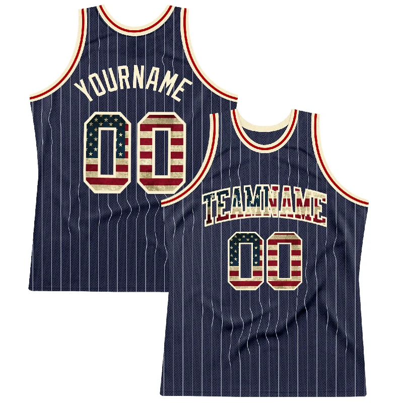 Basketball Jerseys with Modern Cut for Comfortable Fit-Custom Navy White Pinstripe Vintage Usa Flag Cream-Red Authentic Basketball Jersey