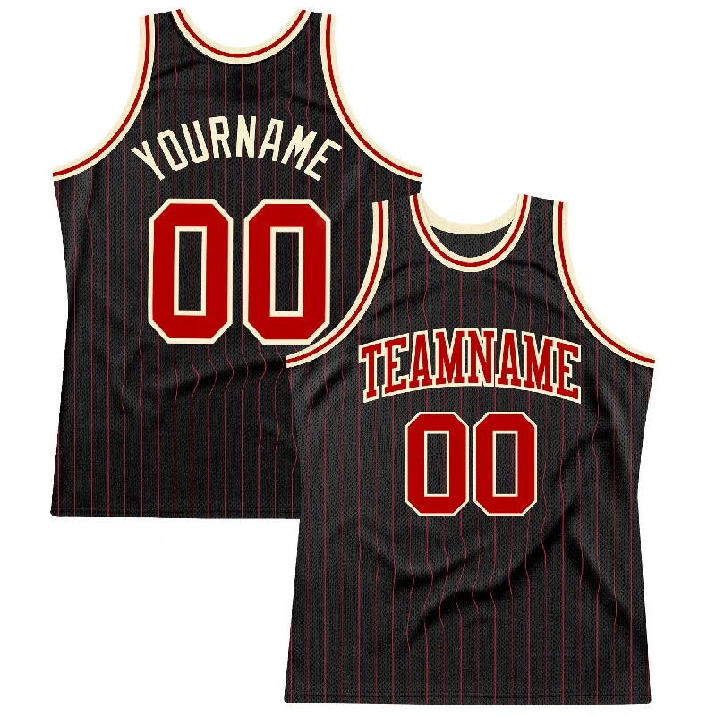 Basketball Jerseys with Extended Back for Comfort and Fit-Custom Black Red Pinstripe Red-Cream Authentic Basketball Jersey