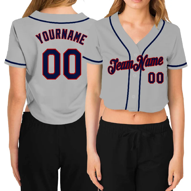 Baseball Jerseys with Full Button Front for Classic Look-Custom Women's Gray Navy-Red V-Neck Cropped Baseball Jersey