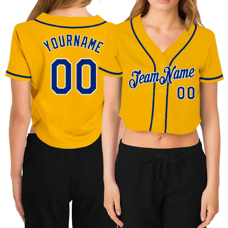 Baseball Jerseys with Large Team Logos for Strong Identity-Custom Women's Gold Royal-White V-Neck Cropped Baseball Jersey