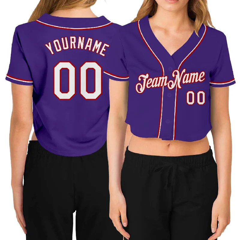 Baseball Jerseys with Custom Colors for Team Branding-Custom Women's Purple White-Red V-Neck Cropped Baseball Jersey