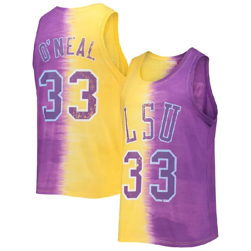 Basketball Jerseys with Raglan Sleeves for Mobility-L.Tigers #33 Shaquille O'Neal Mitchell & Ness Name & Number Tie-Dye Tank Top Purple Gold Basketball Jersey Stitched American College Jerseys