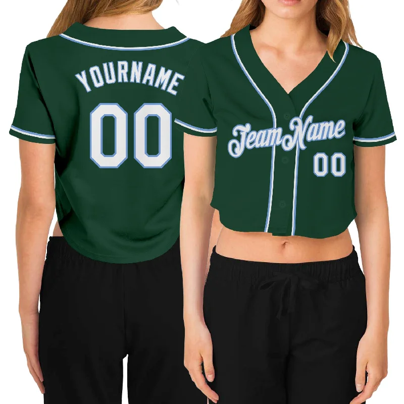 Baseball Jerseys with Multiple Pockets for Storage-Custom Women's Green White-Light Blue V-Neck Cropped Baseball Jersey