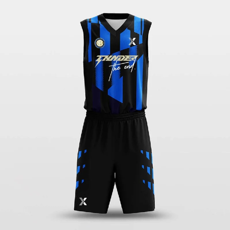 Basketball Jerseys with Modern Cut for Comfortable Fit-Jigsaw - Custom Sublimated Basketball Jersey Set Black and Blue