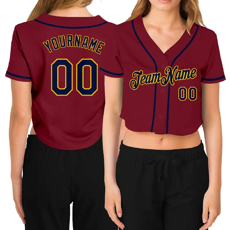 Baseball Jerseys with Heat-Pressed Numbers and Logos for Durability-Custom Women's Crimson Navy-Gold V-Neck Cropped Baseball Jersey