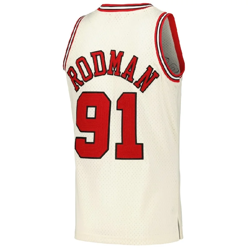 Basketball Jerseys with Custom Colors for Team Branding-C.Bulls #91 Dennis Rodman Mitchell & Ness Chainstitch Swingman Jersey - Cream American Basketball Jersey