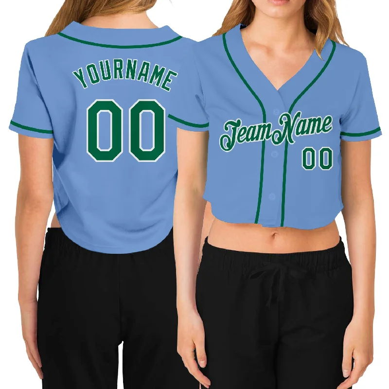 Baseball Jerseys with Soft Collar for Comfort-Custom Women's Light Blue Kelly Green-White V-Neck Cropped Baseball Jersey