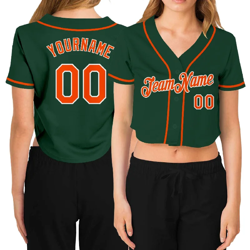 Baseball Jerseys with Full Button Front for Classic Look-Custom Women's Green Orange-White V-Neck Cropped Baseball Jersey