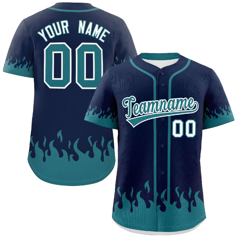 Baseball Jerseys with Adjustable Neck Design for Perfect Fit-Custom Navy Aqua Personalized Flame Graffiti Pattern Authentic Baseball Jersey