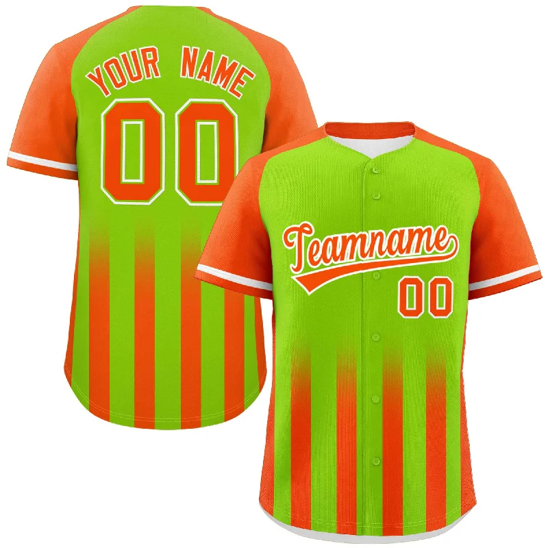 Baseball Jerseys with Anti-Wrinkle Fabric for Easy Maintenance-Custom Neon Green Orange Raglan Sleeves Gradient Thick Stripe Authentic Baseball Jersey