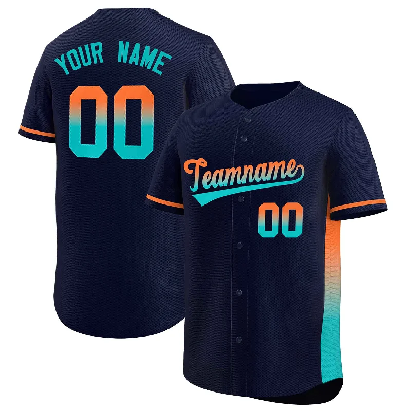 Baseball Jerseys with Double-Stitched Seams for Durability-Custom Navy Orange-Aqua Personalized Gradient Font And Side Design Authentic Baseball Jersey