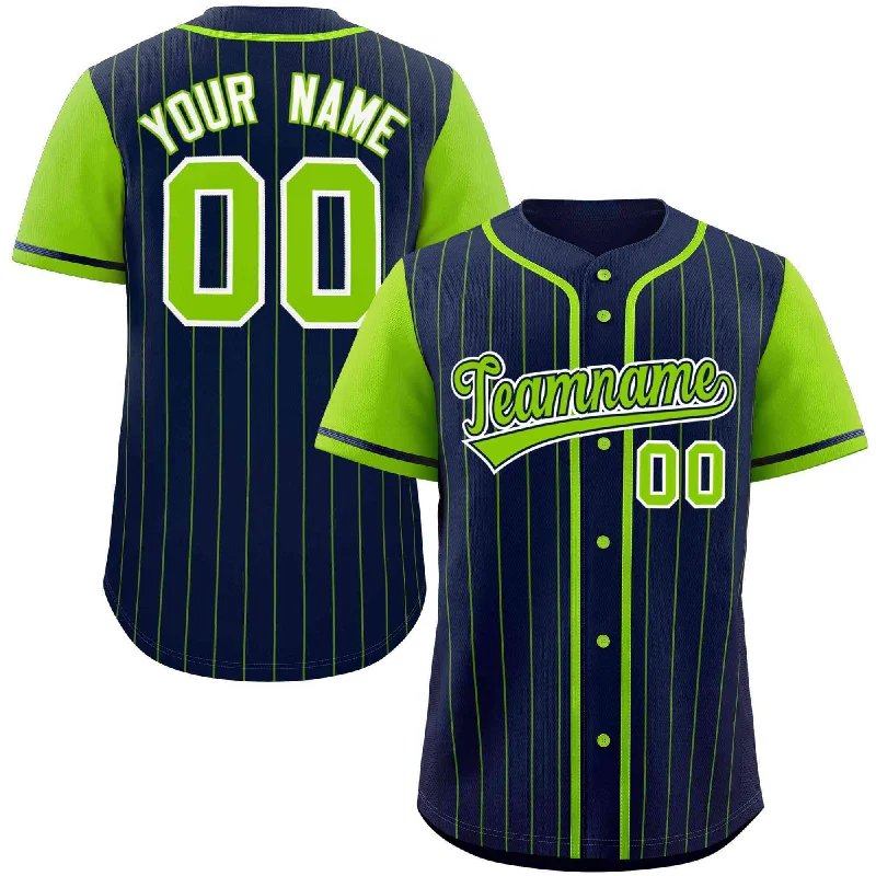 Baseball Jerseys with Unique Graphic Prints for Personal Style-Custom Navy Neon Green Stripe Fashion Raglan Sleeves Authentic Baseball Jersey