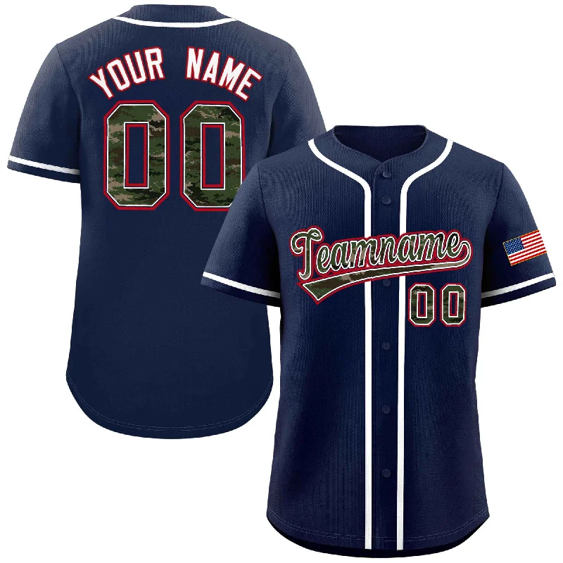 Baseball Jerseys with Tapered Sleeves for Stylish Fit-Custom Navy Personalized Camo Font Authentic Baseball Jersey