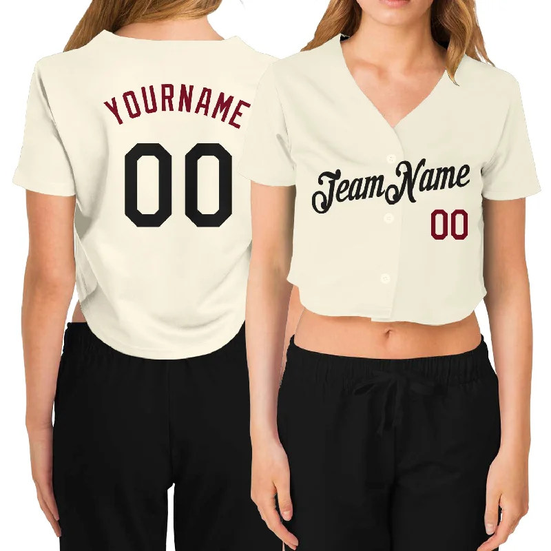 Baseball Jerseys with Heat-Transfer Numbers for Modern Appeal-Custom Women's Cream Black-Crimson V-Neck Cropped Baseball Jersey