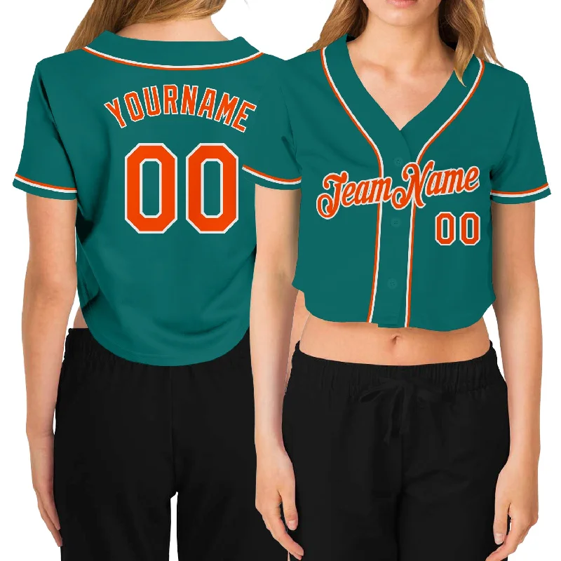 Baseball Jerseys with Mesh Inserts for Extra Ventilation-Custom Women's Aqua Orange-White V-Neck Cropped Baseball Jersey