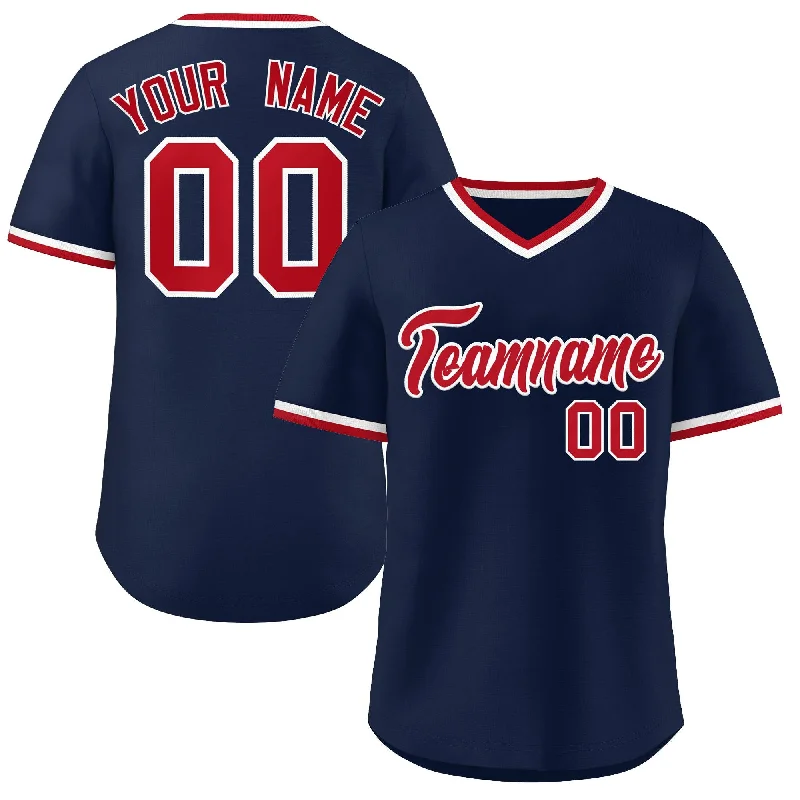 Baseball Jerseys with Mesh Sides for Extra Airflow-Custom Navy Classic Style V-Neck Authentic Pullover Baseball Jersey