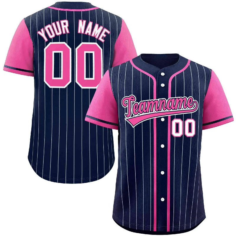 Baseball Jerseys with Classic Stripes for Vintage Feel-Custom Navy Pink-Gray Stripe Fashion Raglan Sleeves Authentic Baseball Jersey