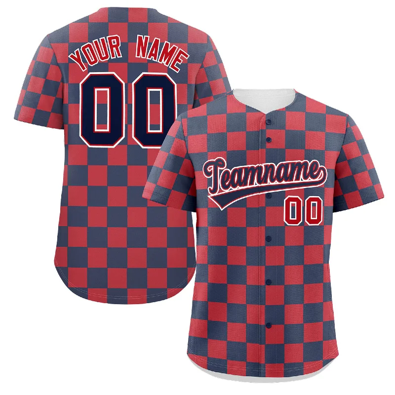 Custom Baseball Jerseys for Teams-Custom Navy Red Square Grid Color Block Design Authentic Baseball Jersey