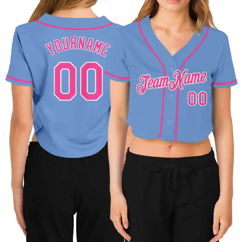 Baseball Jerseys with Mesh Back for Extra Cooling-Custom Women's Light Blue Pink-White V-Neck Cropped Baseball Jersey