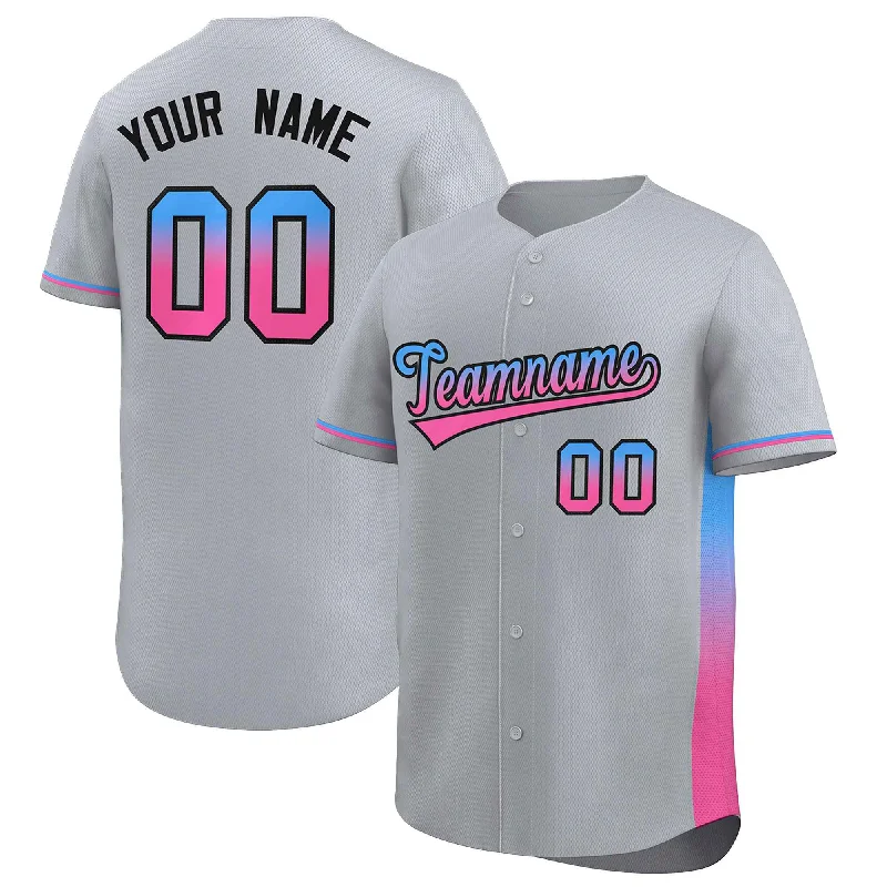 Premium Baseball Jerseys for Professional Teams-Custom Light Gray Powder Blue-Pink Personalized Gradient Font And Side Design Authentic Baseball Jersey