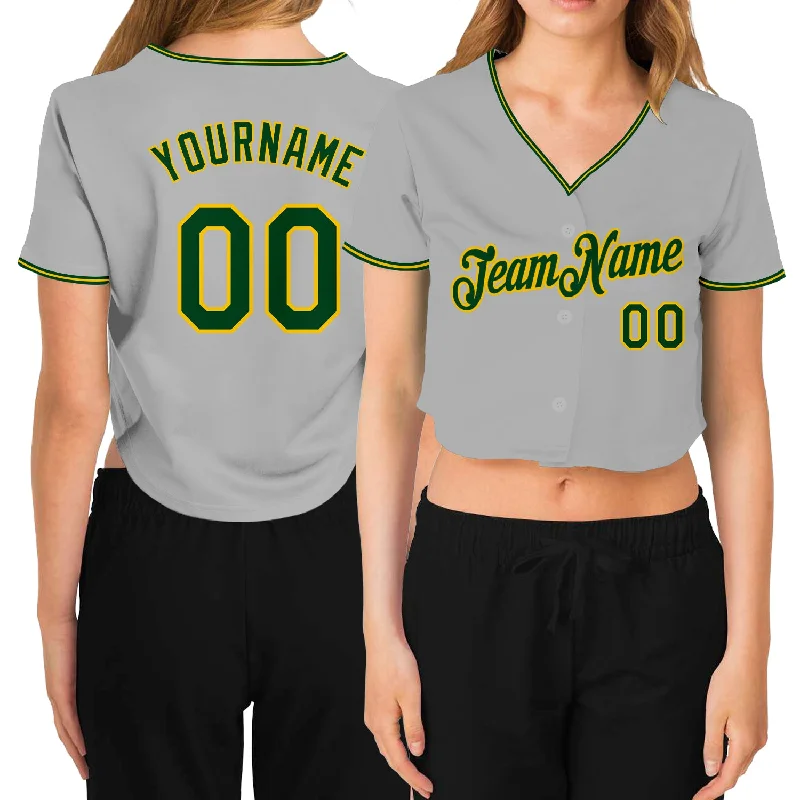 Baseball Jerseys with Quick-Dry Technology for Hot Weather Play-Custom Women's Gray Green-Gold V-Neck Cropped Baseball Jersey