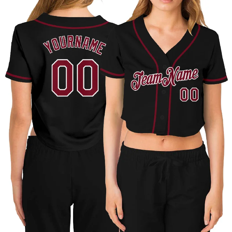 Baseball Jerseys with Lightweight Design for Freedom of Movement-Custom Women's Black Crimson-White V-Neck Cropped Baseball Jersey