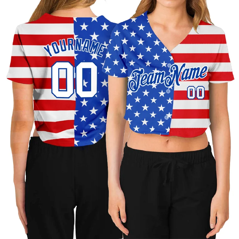 Baseball Jerseys with Custom Colors for Team Branding-Custom Women's Royal White-Red American Flag Fashion 3D V-Neck Cropped Baseball Jersey