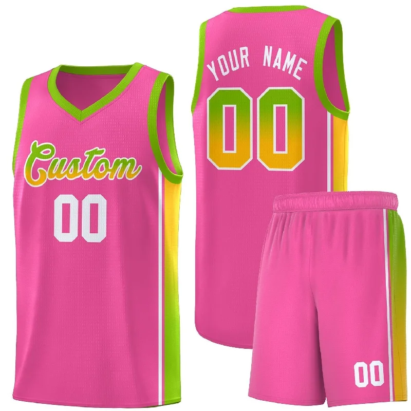 Youth Basketball Jerseys with Elastic Sleeves for Secure Fit-Custom Pink Neon Green-Gold Gradient Fashion Sports Uniform Basketball Jersey